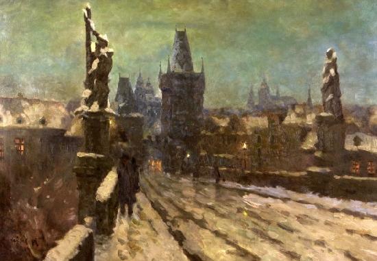 Stanislav Feikl Painting Winter on the Charles bridge Norge oil painting art